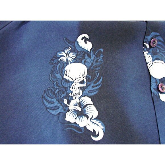 Kennington Ltd Hawaiian Skull Floral Button-Up Shirt Mens Blue & White Size Lg - Picture 8 of 9